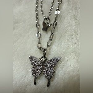 Sterling 925 Silver Butterfly Pendant Double Chains Necklace
